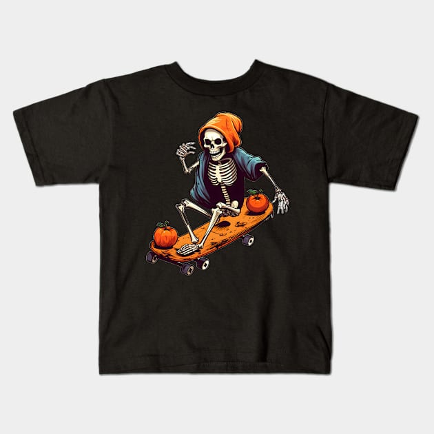 Skeleton Skater Halloween Pumpkin Kids T-Shirt by Merchweaver